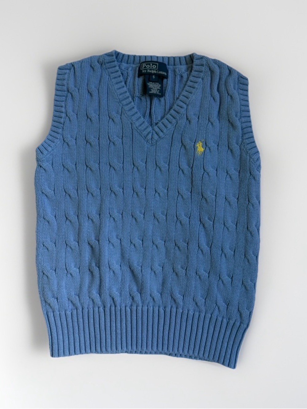 Polo Ralph Lauren Boys Blue Cable Knit V-Neck Sweater Vest Yellow Pony Size 5